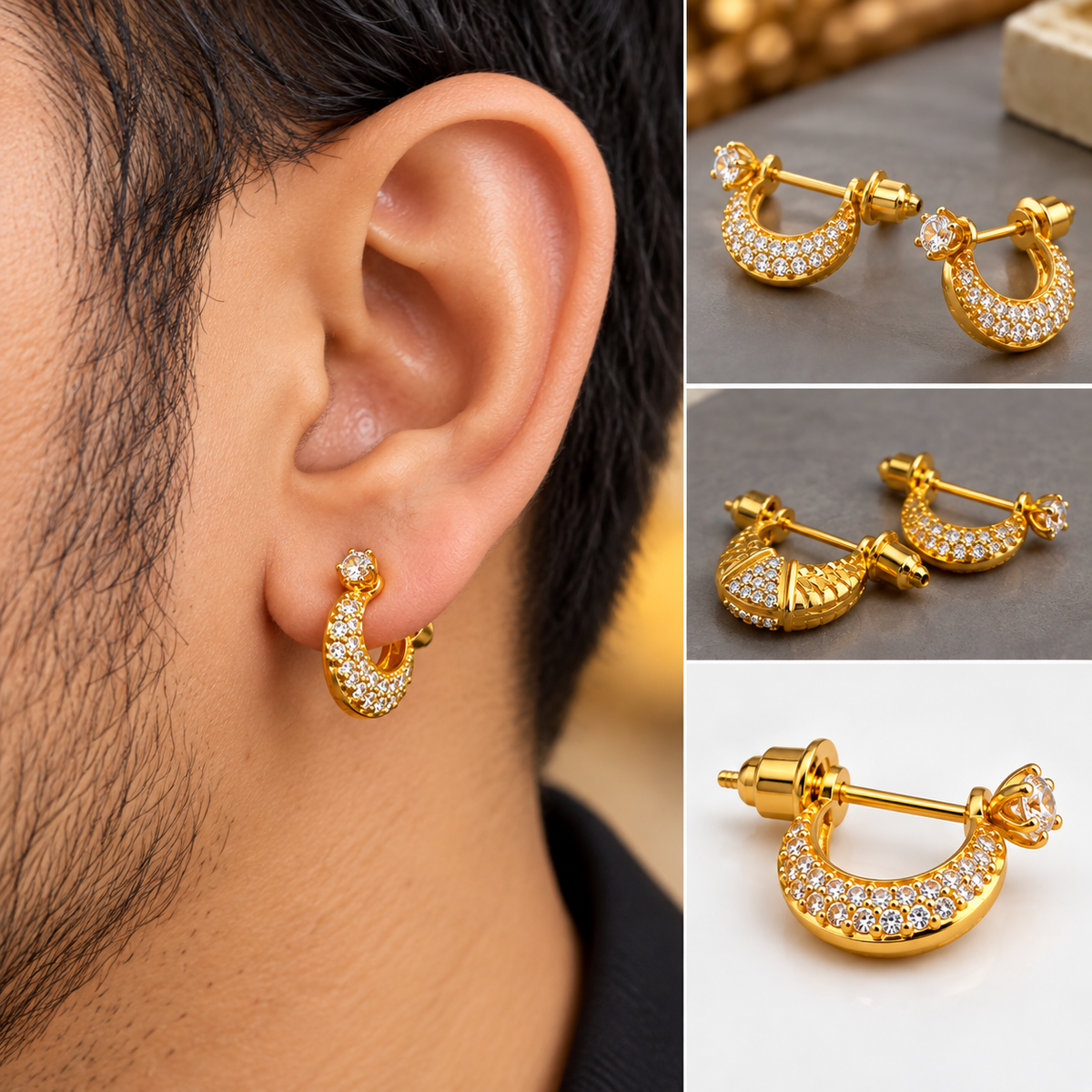 Men’s Premium 1 Gram Gold Plated Bali Earrings with White Stones