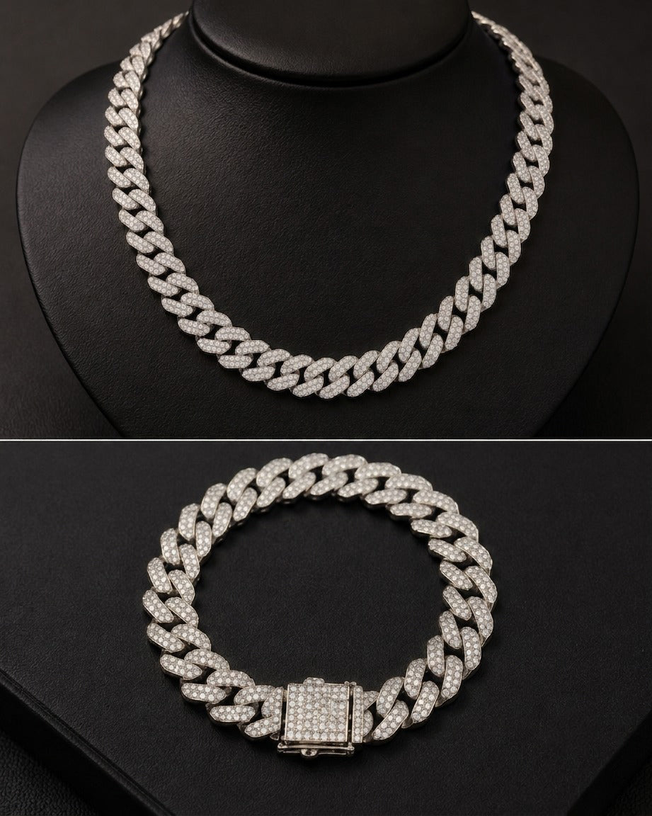Premium Silver Finish Cuban Link Chain & Bracelet Set